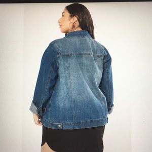 Dark wash jean jacket.